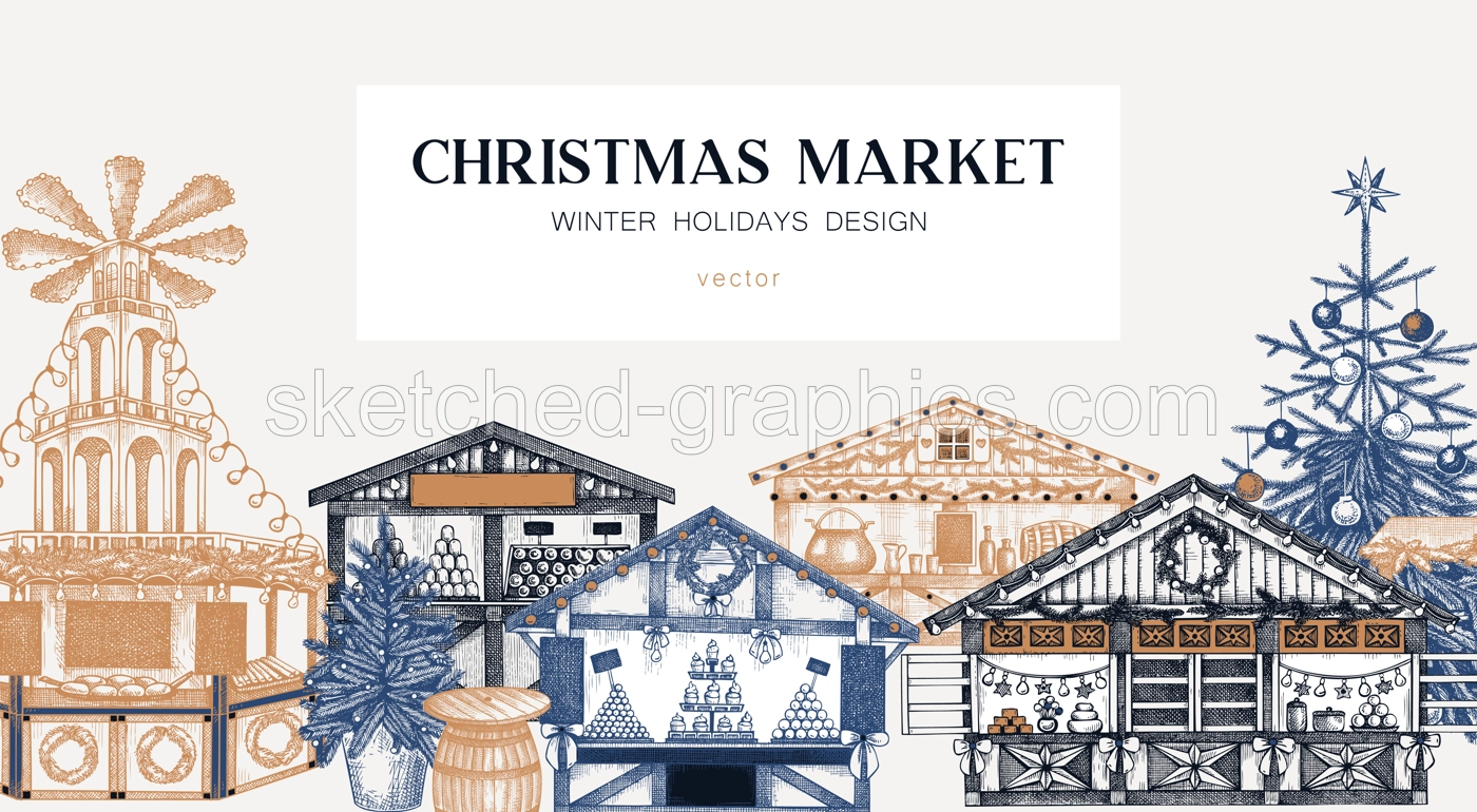 Christmas market background. Hand drawn vector illustration. European holiday marketplace banner design.. Christmas tree, wooden stall kiosk, candy shop, bakery, mulled wine sketches  Illustration